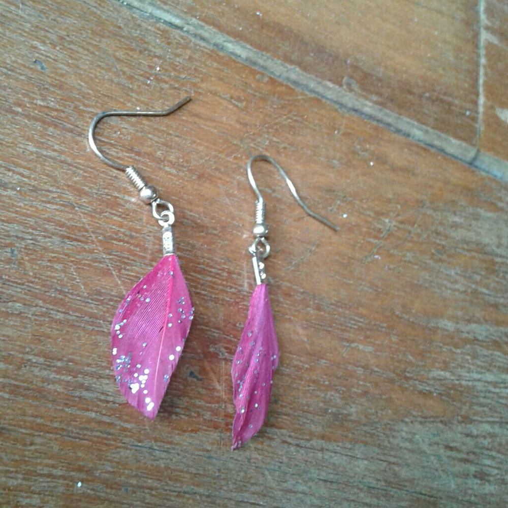 Pink sparkly feather earrings